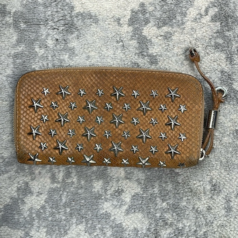 Jimmy Choo Filipa Zip Around Leather Star Studded Wallet Long Tan Silver